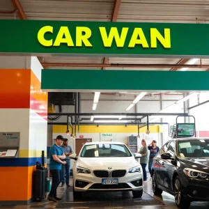 Exterior view of a newly renovated ZIPS Car Wash location with happy customers.