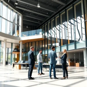 Modern architectural office environment with architects collaborating