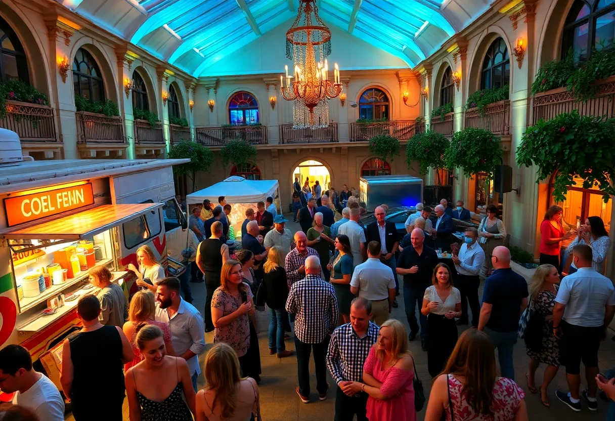 Guests enjoying the Best of Savannah Party at Kehoe Iron Works, featuring food trucks and live music.
