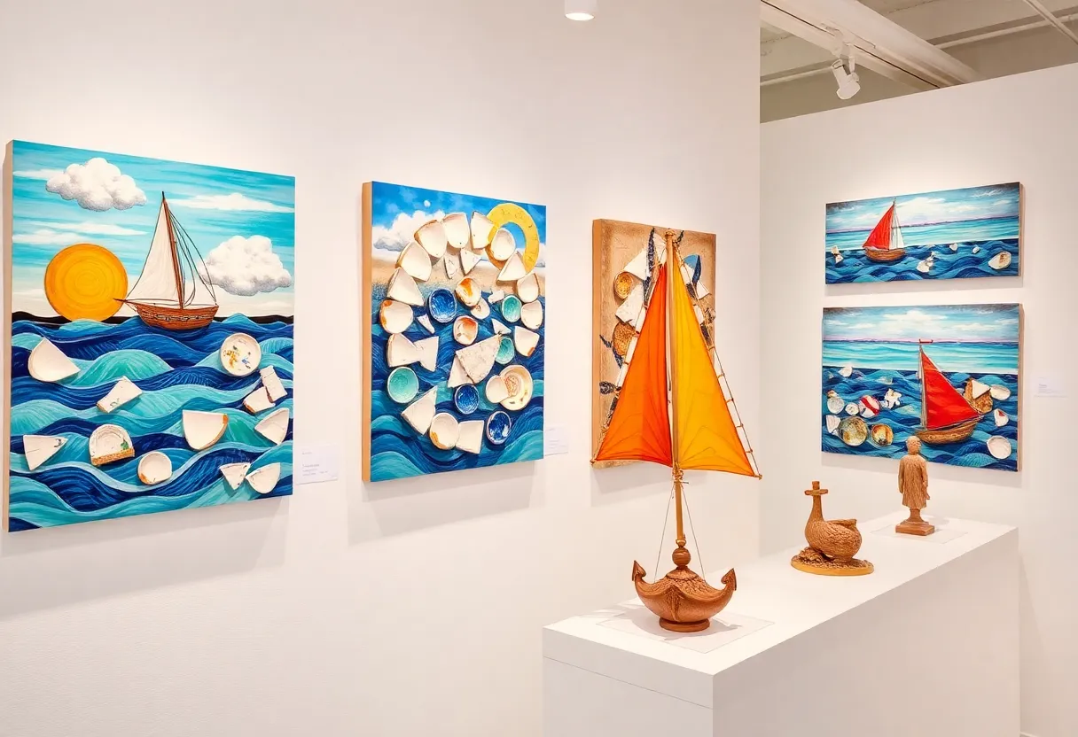 Mixed-media artwork inspired by the sea and sky at the Ships of the Sea Maritime Museum