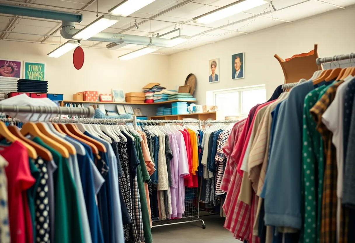 Interior view of Blessingdales Thrift Store with clothing racks and community support signage.