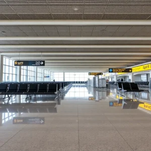 Empty terminal at Middle Georgia Regional Airport after flight cancellations