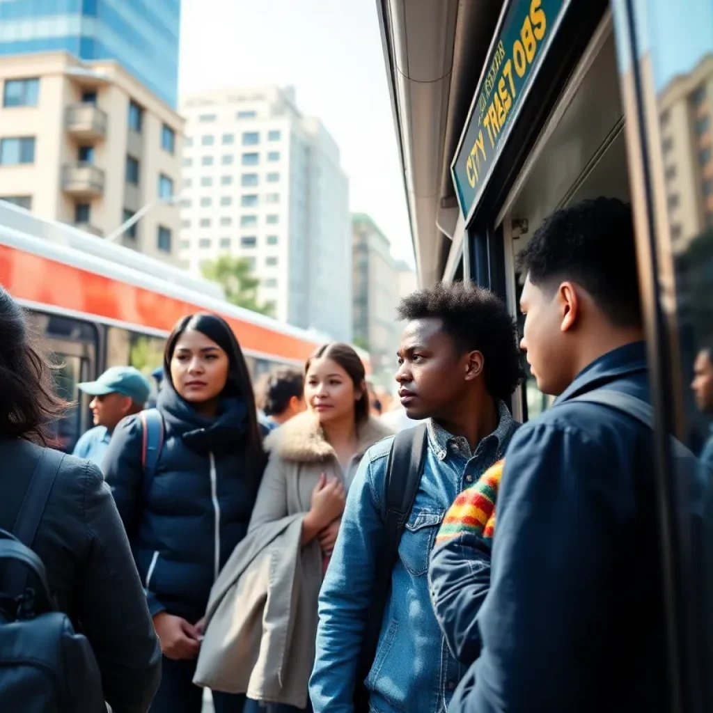 Chatham Area Transit bus with community members boarding in a vibrant urban setting