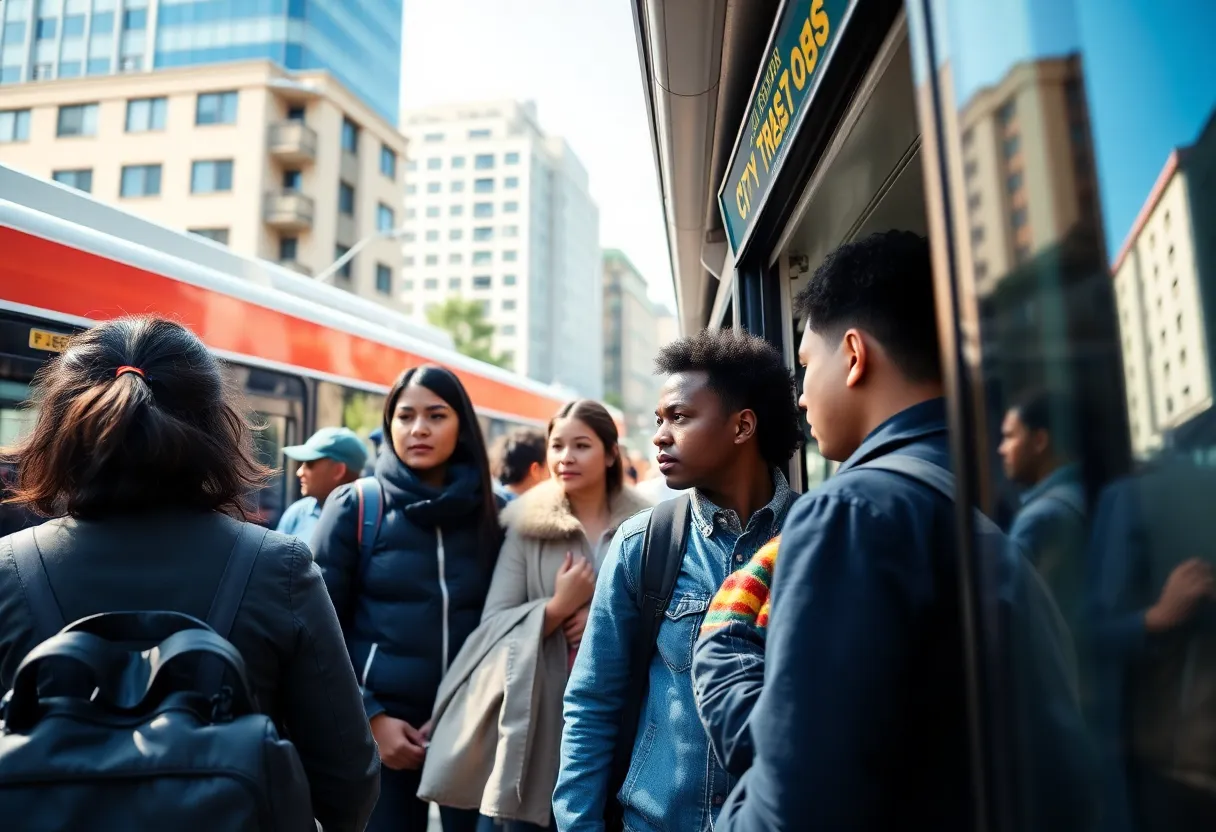 Chatham Area Transit bus with community members boarding in a vibrant urban setting