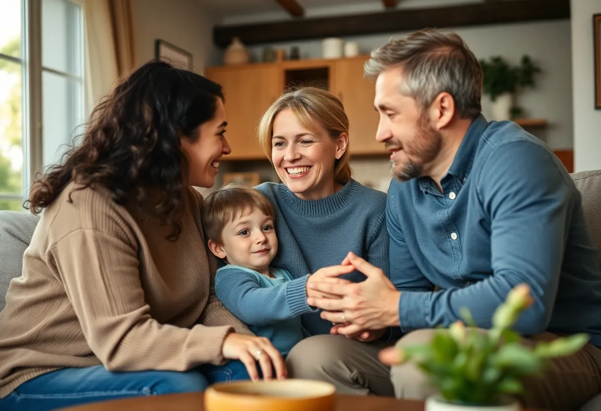 Family gathering in a cozy living room demonstrating close emotional bonds.