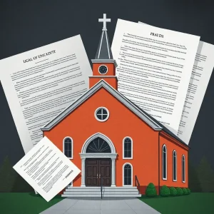 Sponsored Articles Illustration of a church building overshadowed by legal documents representing fraud.