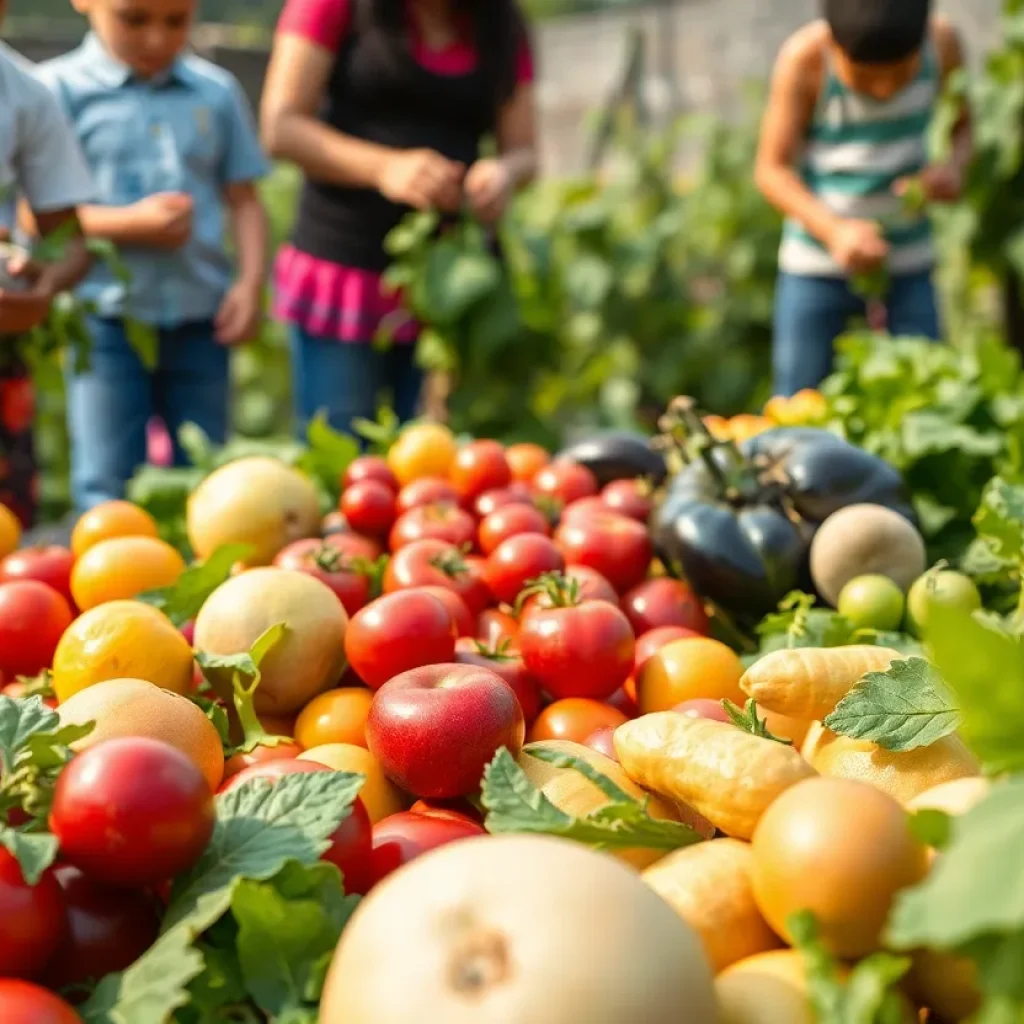 Families working together in a community garden to promote nutrition and healthy eating.
