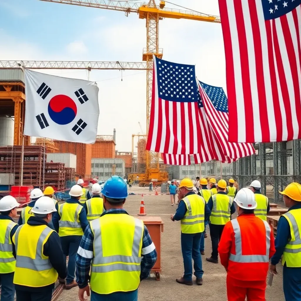Construction site of a battery factory with workers and flags