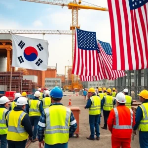 Construction site of a battery factory with workers and flags