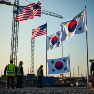 Construction site featuring workers and flags of South Korea and the United States