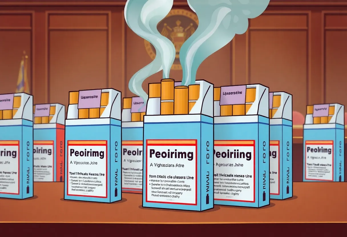 Illustration of a courtroom scene with cigarette packaging and health warnings being challenged.