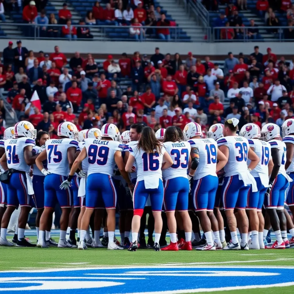 Delaware State football team huddle during a game