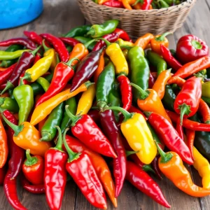 A collection of different colorful chile peppers displayed on a table.