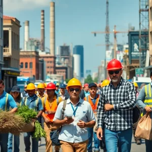 A diverse group of workers engaging in various industries in an urban environment.