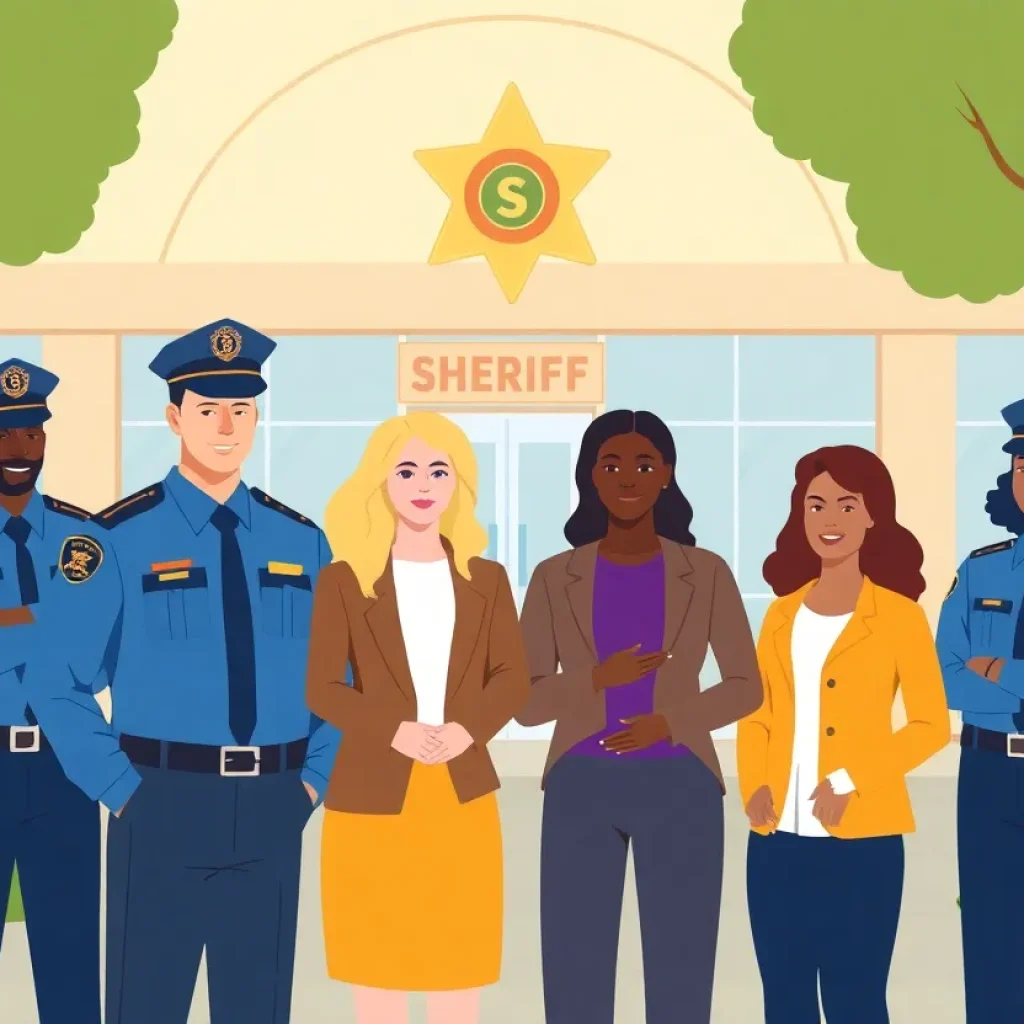Illustration showing diversity in law enforcement leadership with a sheriff's office in view.