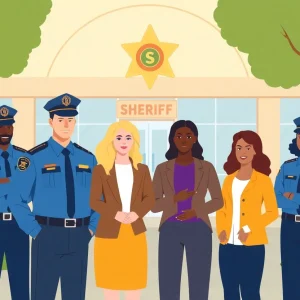 Illustration showing diversity in law enforcement leadership with a sheriff's office in view.