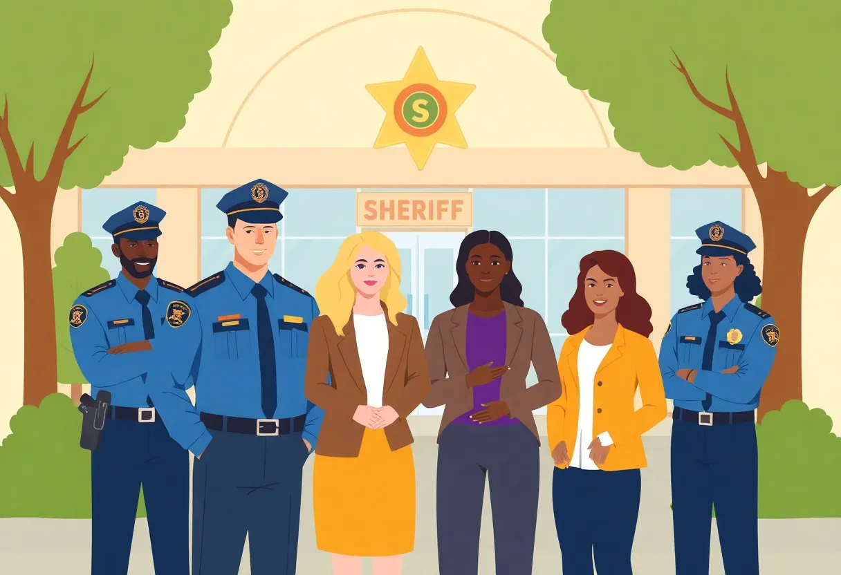 Illustration showing diversity in law enforcement leadership with a sheriff's office in view.