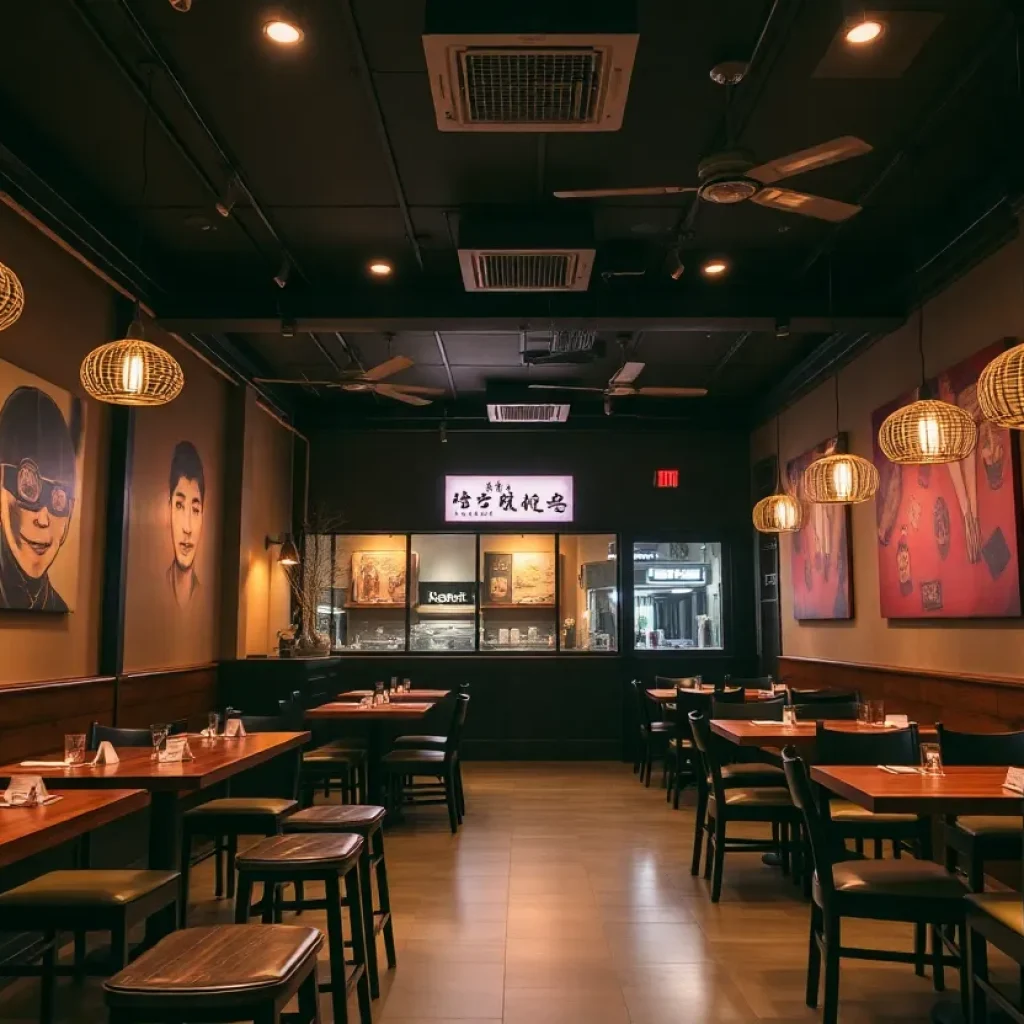Interior of a Korean restaurant in Downtown Savannah with traditional dishes displayed.