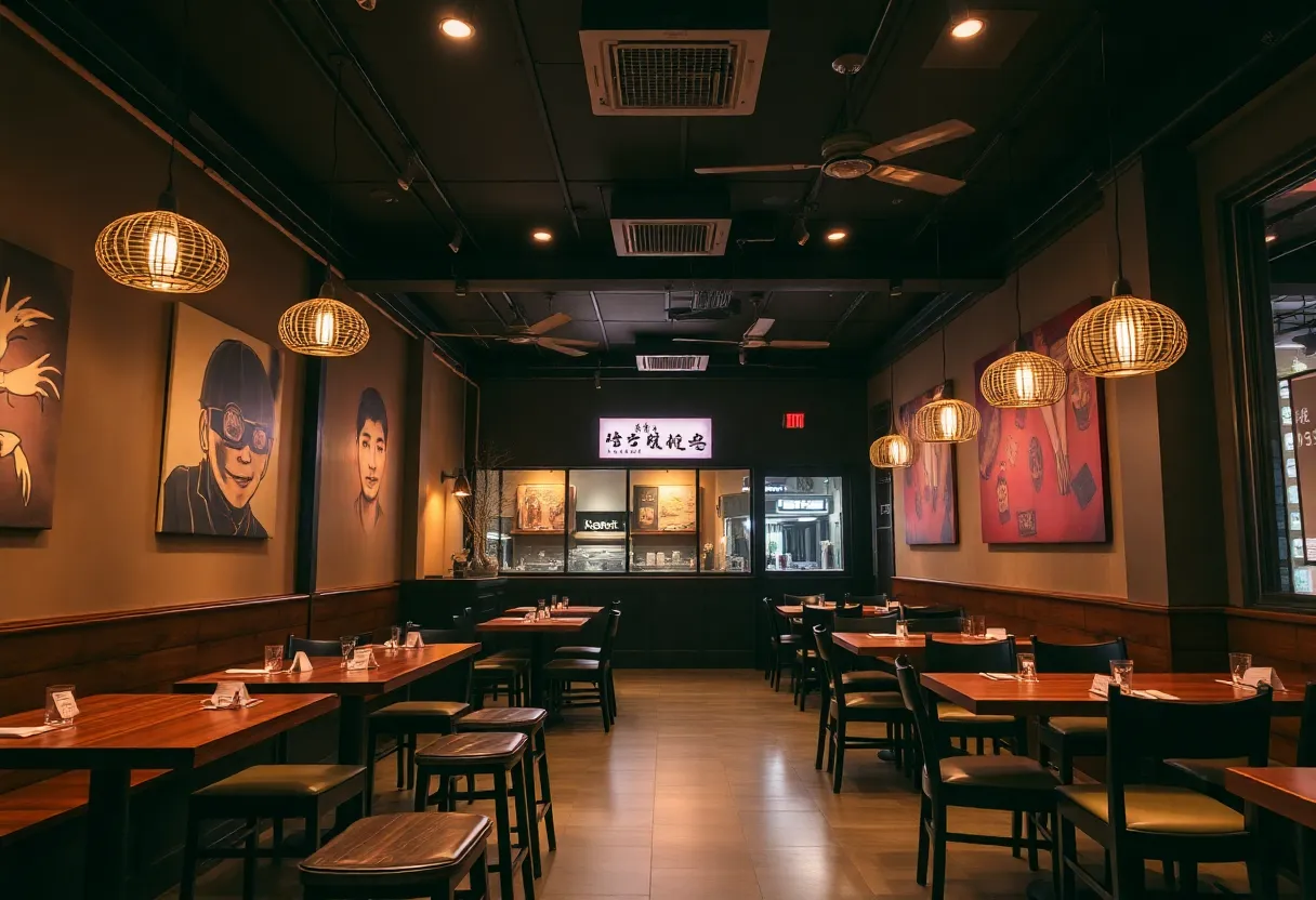Interior of a Korean restaurant in Downtown Savannah with traditional dishes displayed.