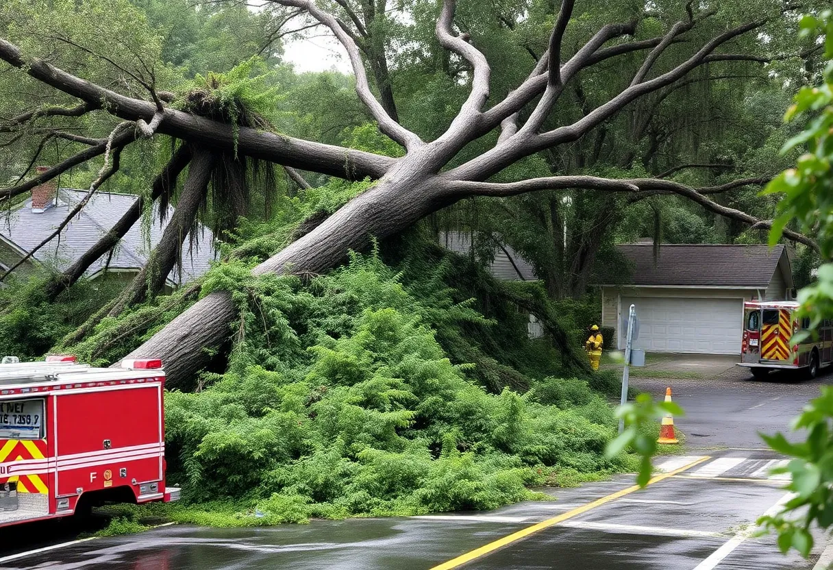 Tree fallen on a house in Savannah after severe storm