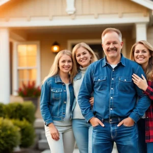 A family happily standing in front of their new home, representing the success of the Everyday Heroes Mortgage Program.