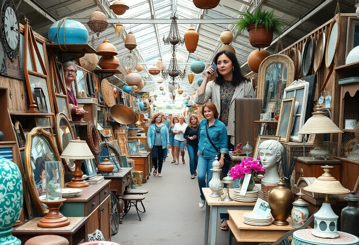 Shoppers exploring booths filled with antiques and collectibles in Floyd County.