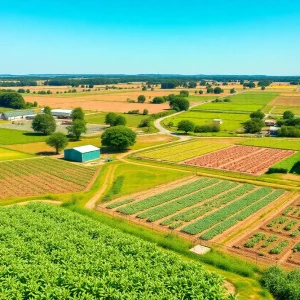 Aerial view of a diverse agricultural landscape in Georgia with crops and poultry farms.