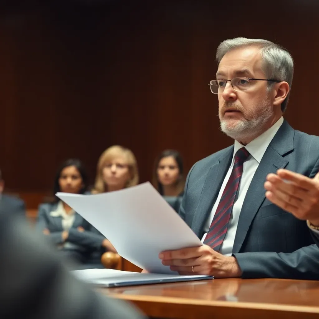 Courtroom scene depicting a lawsuit against a real estate company.