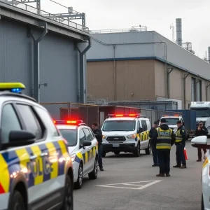 Police presence at a Georgia battery plant during an immigration raid.