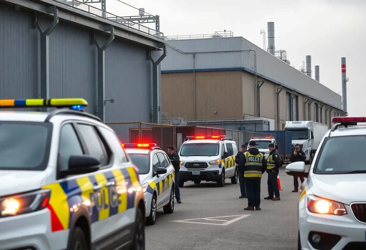 Police presence at a Georgia battery plant during an immigration raid.