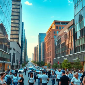 A view of Georgia's business district with modern buildings and active streets.