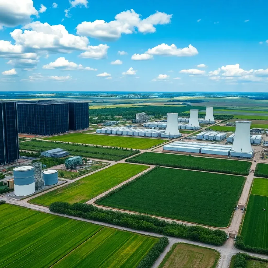 Aerial view of data centers in Georgia with cooling towers and green landscape
