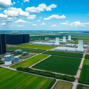 Aerial view of data centers in Georgia with cooling towers and green landscape