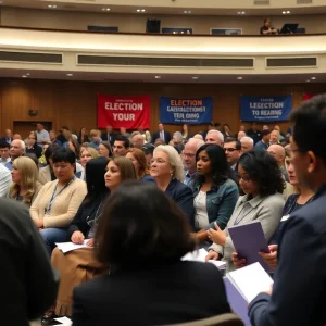 Submit Obituary Participants engaged in a discussion about election procedures at a large meeting in Georgia.