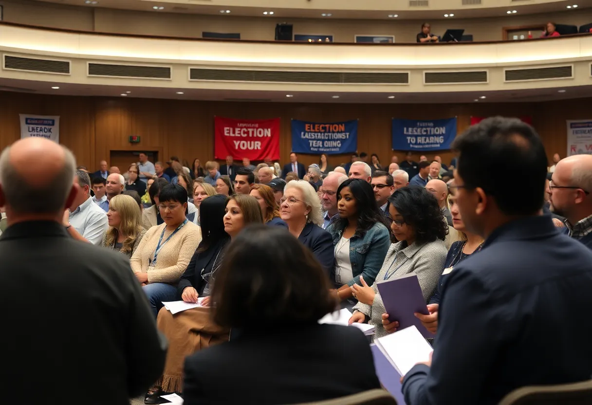Participants engaged in a discussion about election procedures at a large meeting in Georgia.
