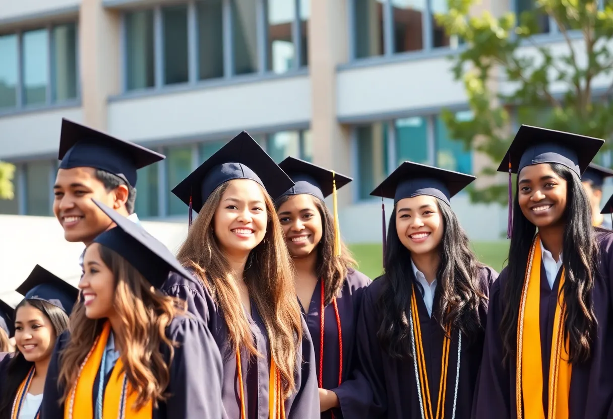 Students celebrating graduation outdoors in caps and gowns