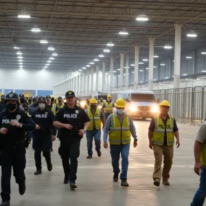 Law enforcement officers escorting workers during an immigration raid in Georgia.
