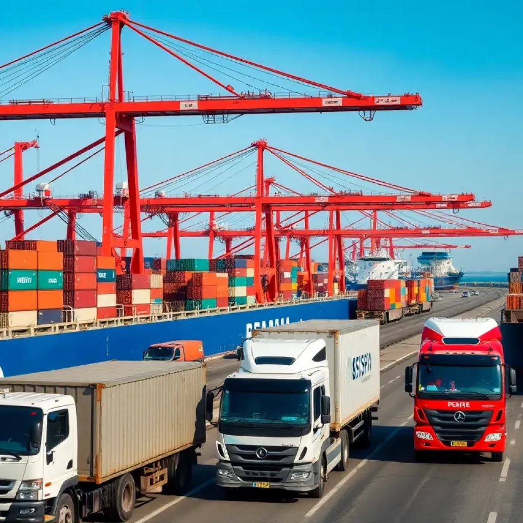 Port activity in Georgia with ships and trucks