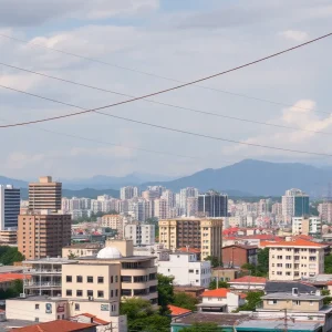 A cityscape in Georgia with energy-efficient buildings and power lines