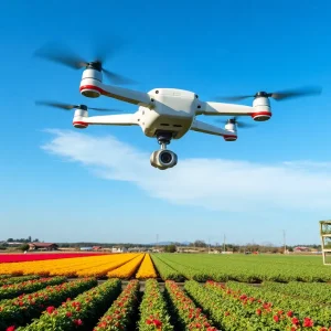Aerial view of precision agriculture practices in Georgia with drones and vertical farming.