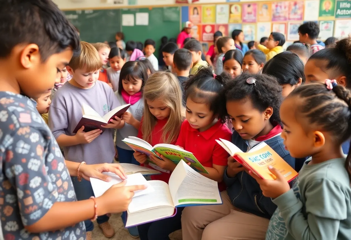 Students participating in a literacy rally