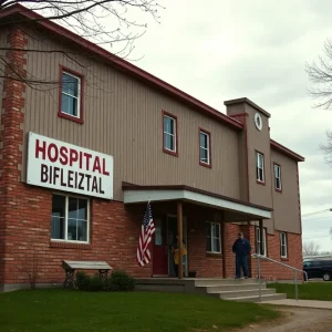 Exterior view of a rural hospital facing closure signs
