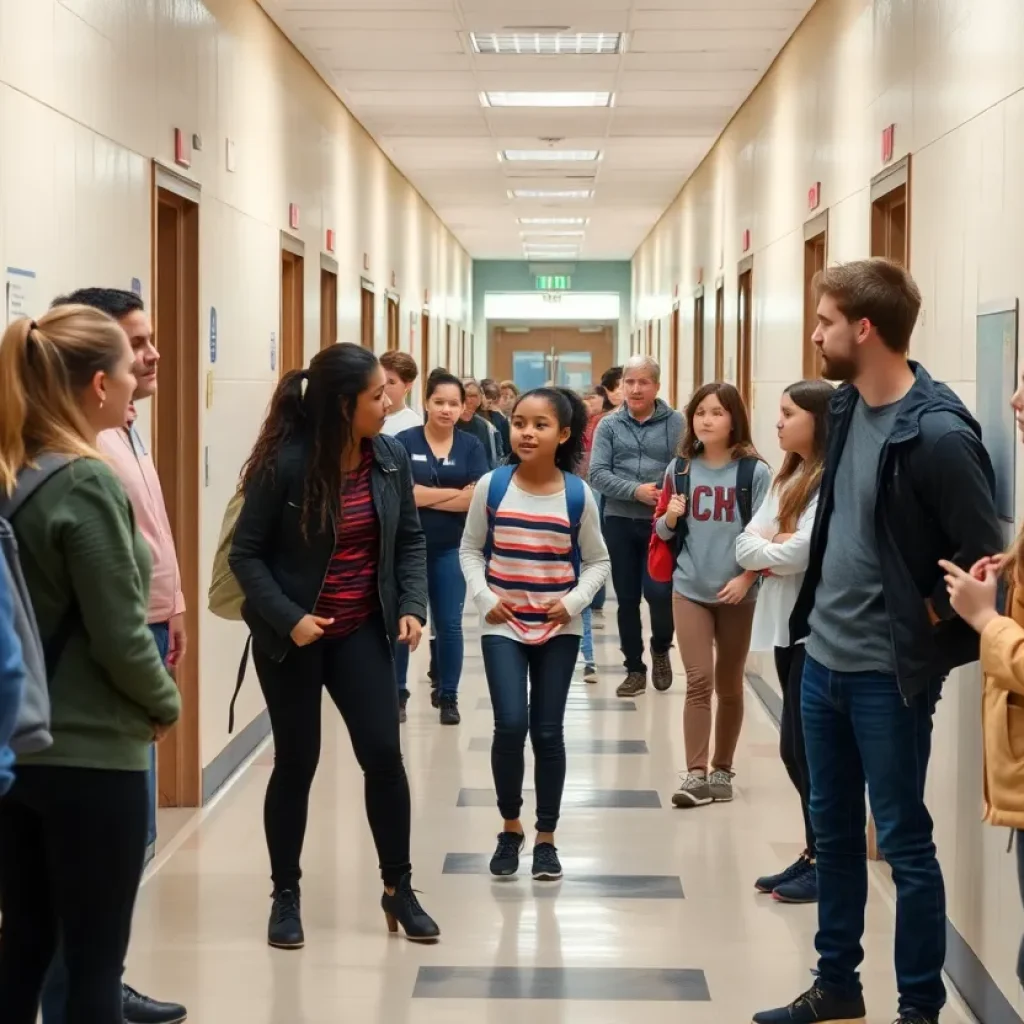 School staff intervening in a student fight at Groves High School