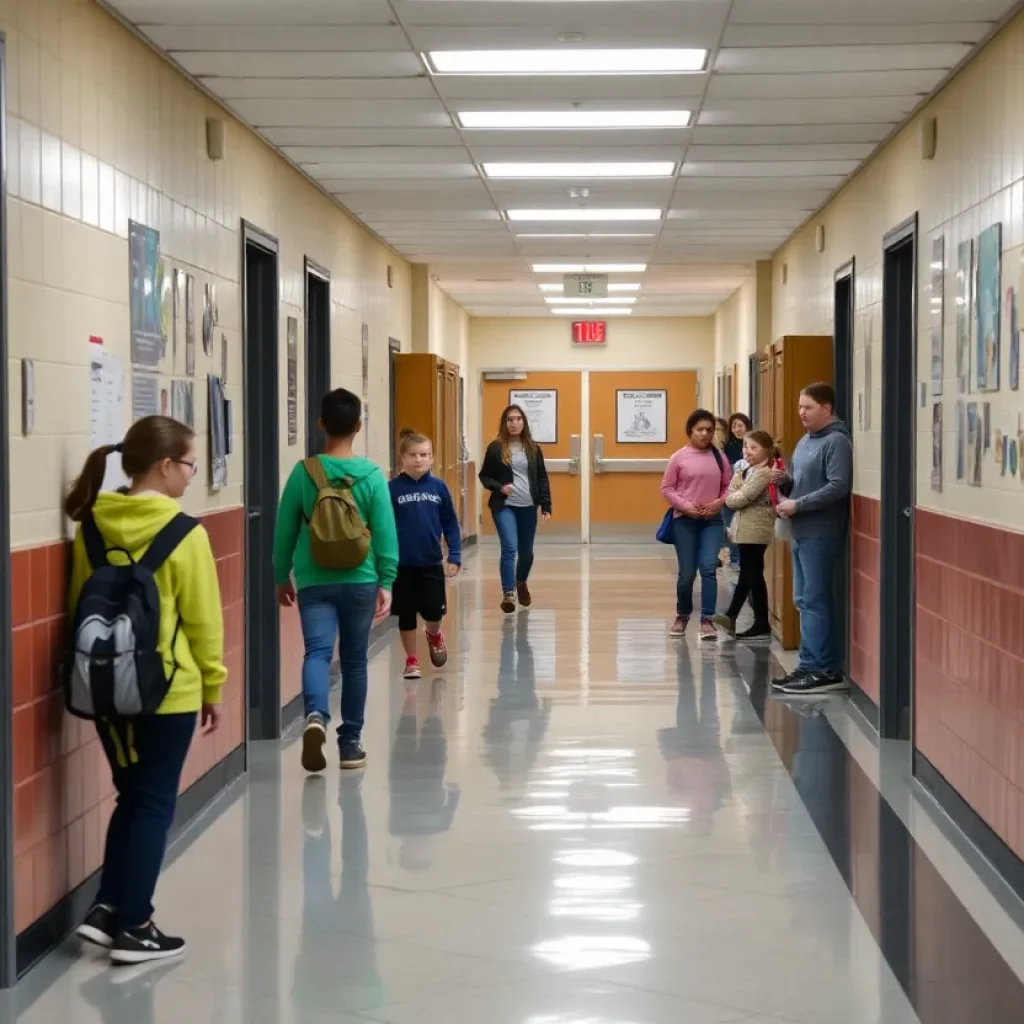 Hallway in a high school showing students in a classroom setting with an emphasis on safety.