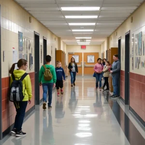 Hallway in a high school showing students in a classroom setting with an emphasis on safety.