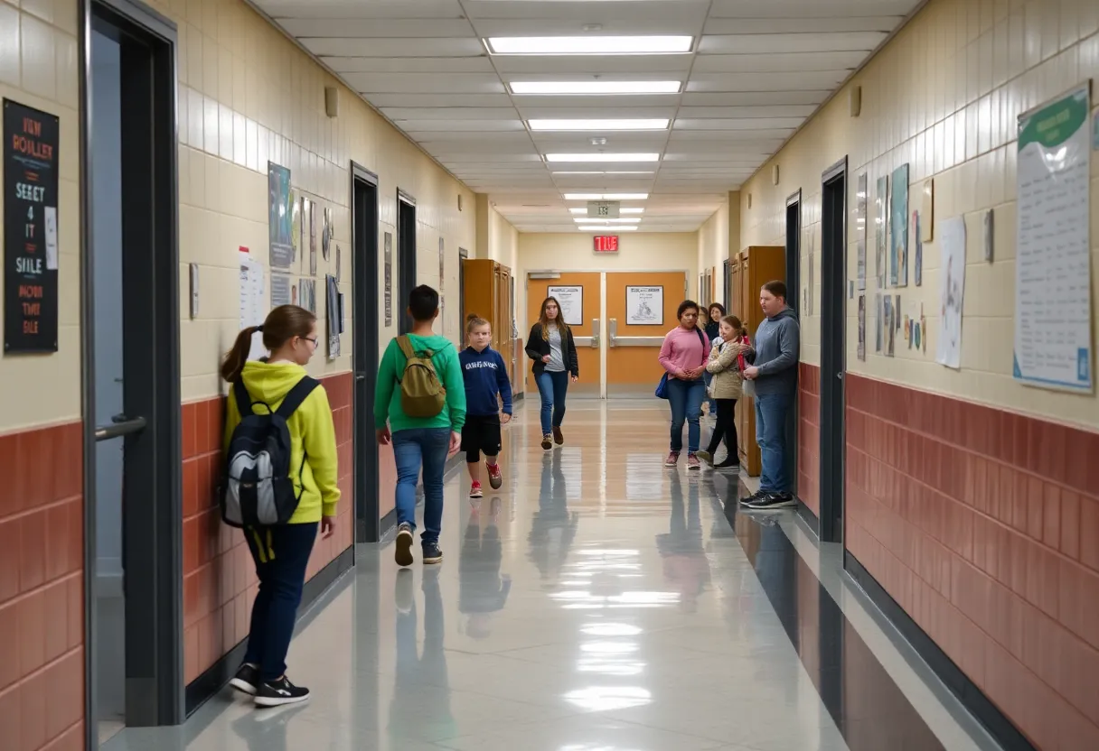 Hallway in a high school showing students in a classroom setting with an emphasis on safety.