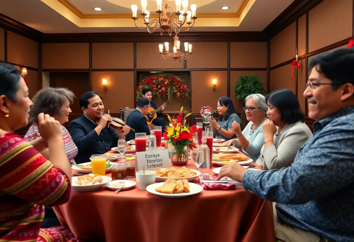 Breakfast event celebrating Hispanic culture with traditional decorations and food.