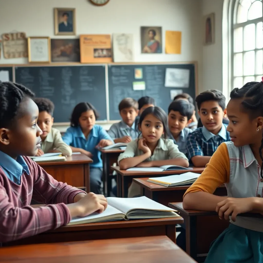 Illustration of a historical classroom featuring diverse students in a learning environment.