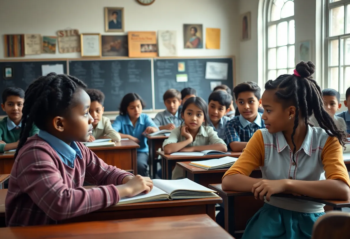Illustration of a historical classroom featuring diverse students in a learning environment.