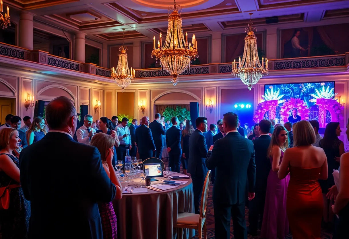 Guests at the Home for the Holidays gala celebrating with decorations and entertainment.